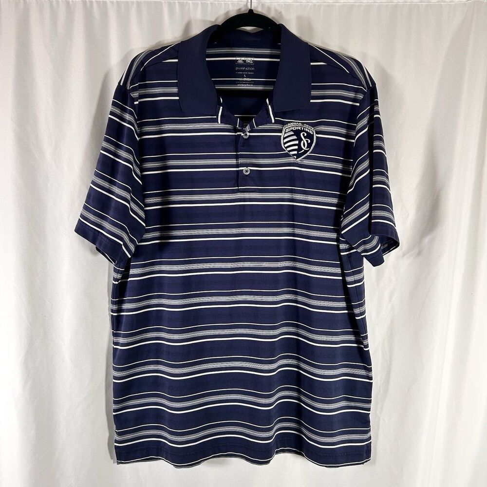 Sporting Kansas City Adidas Polo Mens Large Blue Striped Short Sleeve 1/4 Button